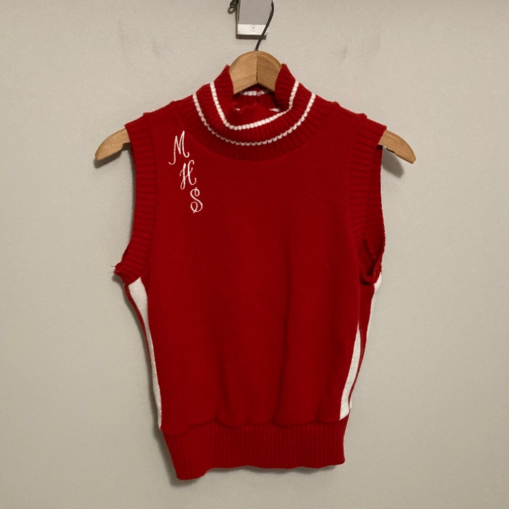 Varsity Vintage Red Sweater Vest, Sleeveless Mock Neck, Cheerleading Outfit